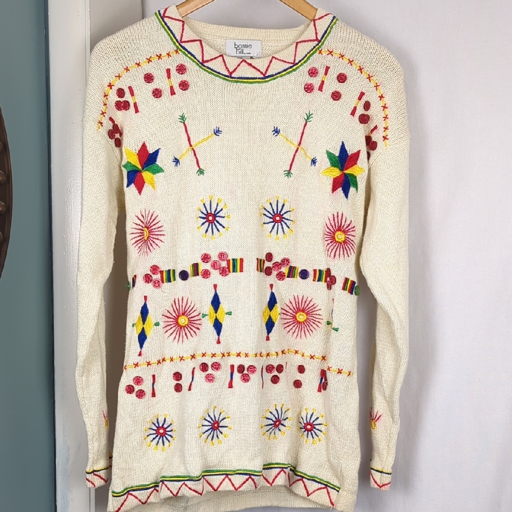 VINTAGE Bonnie and Bill Embellished Sweater Multi Color Embroidered